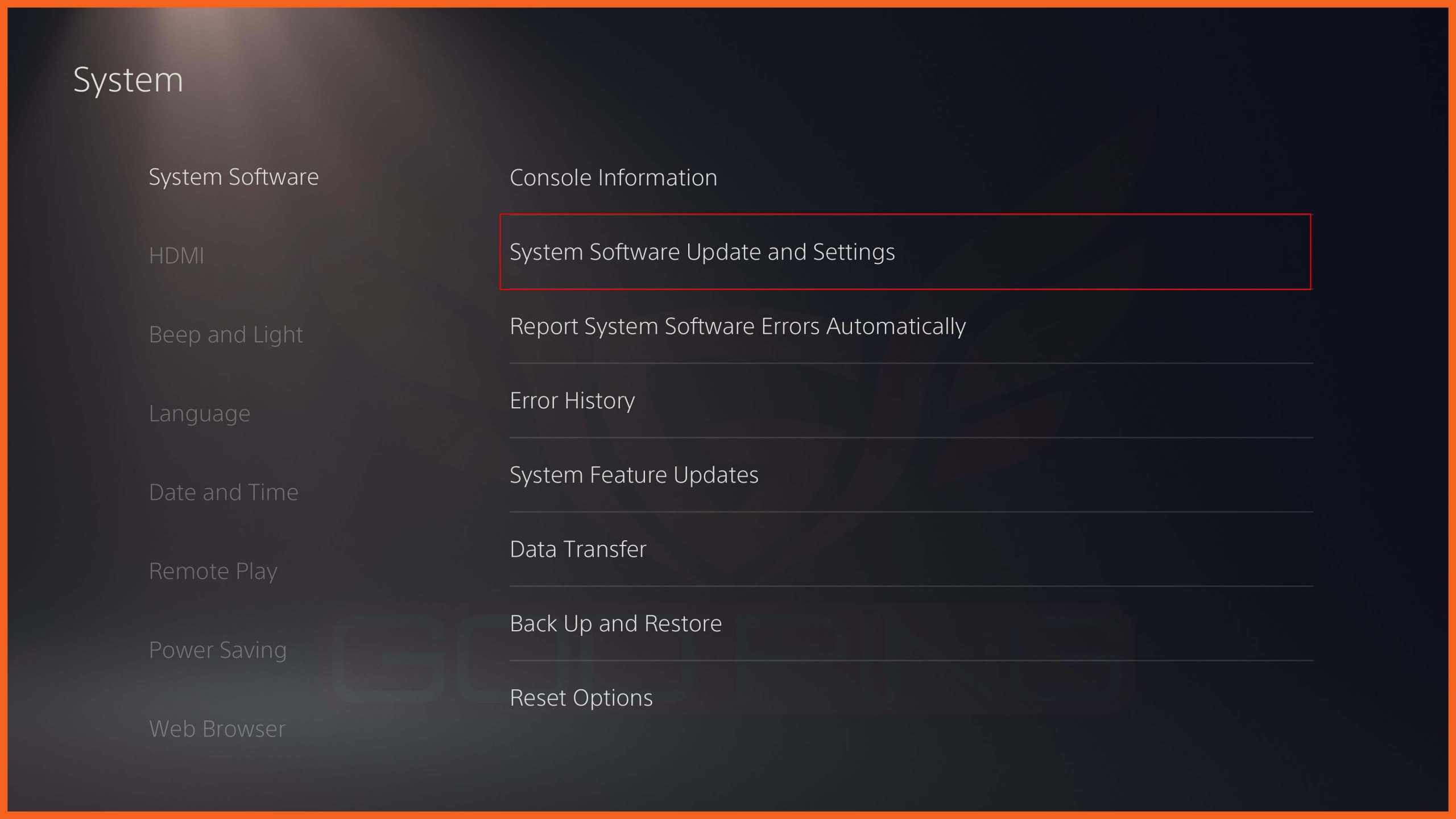 انتخاب بخش System Software Update and Settings در کنسول