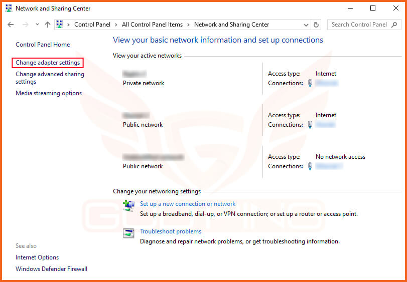 نمایی از تنظیمات بخش Network and Sharing Center