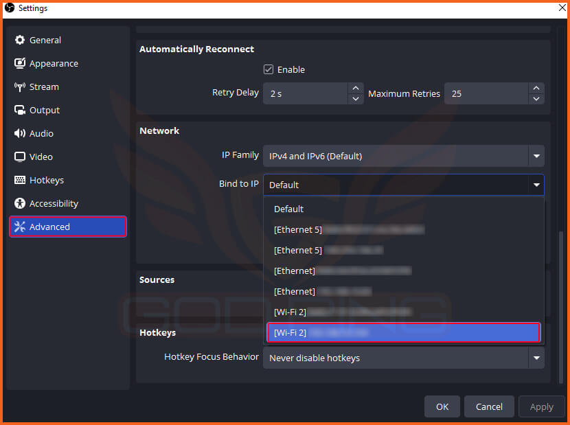 نمایی از تنظیمات بخش Advanced و Network در نرم‌افزار گادپینگ
