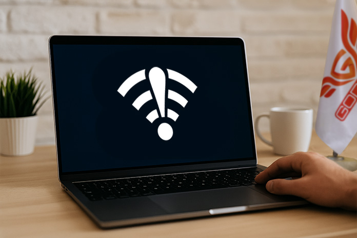 نمایی از علامت no internet بر روی لپ‌تاپ